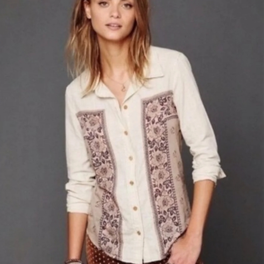 FREE PEOPLE Bandana Long Sleeve Bohemian Hippie Western Button Down Shirt Sz Sm